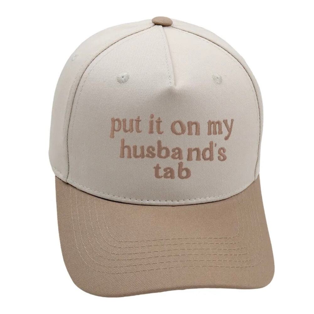Put It On My Husband’s Tab Khaki Cream Baseball Hat Adjustable Cap NWT